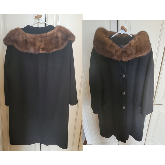 Vintage black wool coat with mink fur collar - Picture 4 of 7